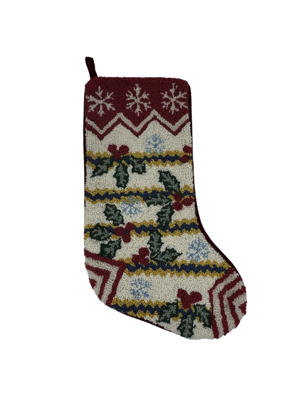 Vintage Christmas Stocking Wool Tapestry 19" Holiday Design Cotton Velvet Back